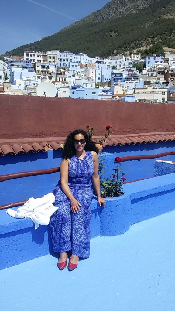 Khadija Fajry in Front of the Blue City Chefchaouen Morocco 